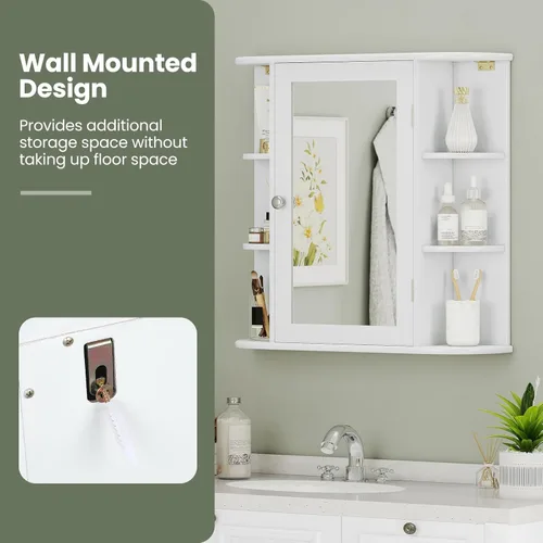 Miniatura 6 de Giantex Botiquín de baño, armario de espejo de baño montado en la pared con puerta de espejo y 4 estantes interiores, 6 estantes abiertos, Blanco