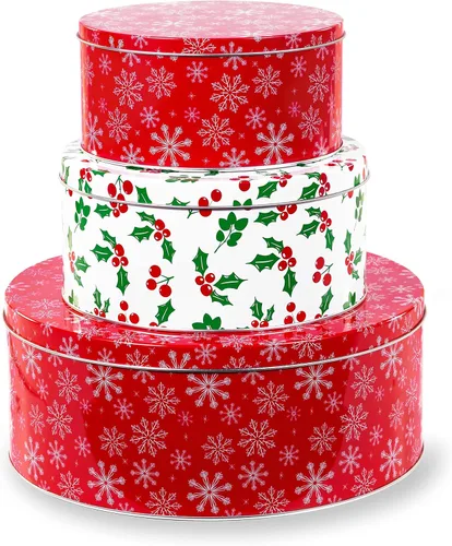 Steel Mill & Co - Recipientes de lata con tapas, paquete de 3 latas de galletas de Navidad, latas festivas para regalos y golosinas navideñas, Copo