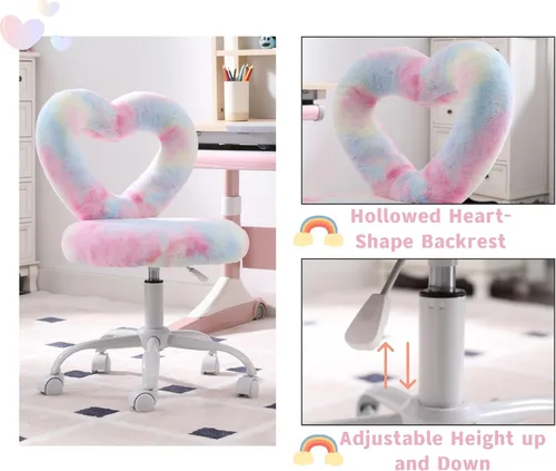 Miniatura 4 de HNY Silla de escritorio para niños con ruedas, bonita silla de tocador peluda con respaldo hueco en forma de corazón ajustable con ruedas