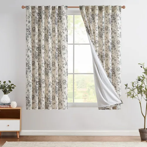 Miniatura 11 de Jinchan Cortinas de Mezcla de Lino con Estampado Floral para Sala de Estar, 84 Pulgadas de Largo, Cortinas con Bolsillo para Varilla y Tab Trasera