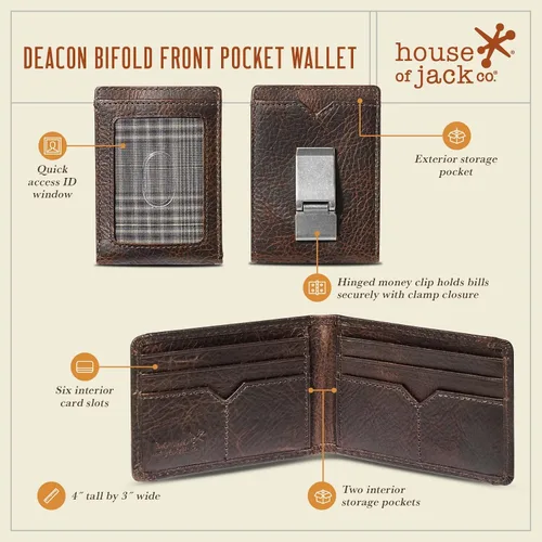 Miniatura 4 de HoJ Co DEACON ID Billetera plegable con clip de dinero para hombres cartera de cuero de grano completo con bolsillo frontal Cartera plegable