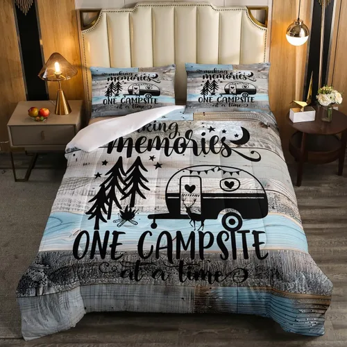 Miniatura 2 de Juego de edredón para niños, diseño de camping feliz, tamaño Queen, juego de ropa de cama de estilo campista para caravana, estilo vintage Multi 44
