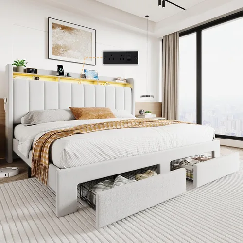 Miniatura 15 de SHA CERLIN Base de cama de plataforma de tamaño matrimonial con cabecera de canal vertical copetuda y 2 cajones de almacenamiento, estantes de 2