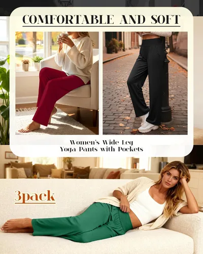 Miniatura 27 de Neer - Conjunto de 3 pantalones de yoga de pierna ancha para mujer - Pantalones deportivos cómodos, holgados, de cintura alta y casuales