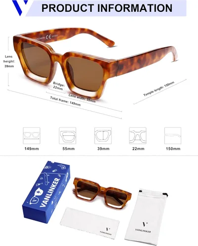 Miniatura 113 de VANLINKER Gafas de sol cuadradas gruesas para hombres y mujeres, retro, rectangulares, con protección UV400, VL9731