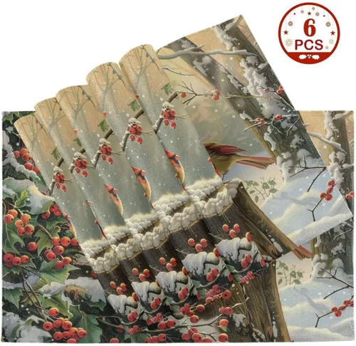 Miniatura 7 de Wamika Juego de 4 manteles individuales de invierno con diseño de pájaros cardenales y bayas de acebo, manteles individuales de arpillera