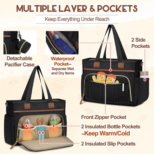 Miniatura 5 de RAINSMORE Bolsa de pañales, bolsa grande para pañales impermeable, bolsa de pañales multifunción con estuche para chupete y cambiador Negro
