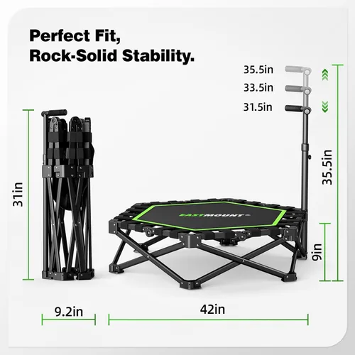 Miniatura 7 de East Mount Mini trampolín plegable para interiores, trampolín plegable para adultos con asas, rebote de ejercicio, trampolín pequeño para adultos