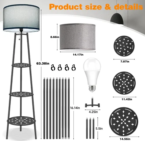 Miniatura 3 de Lámpara de Pie con Estanterías, Lámpara de Pie Moderna con Bombillas LED de 3 Temperaturas de Color, Lámparas de Pie de Rincón para Sala de Estar