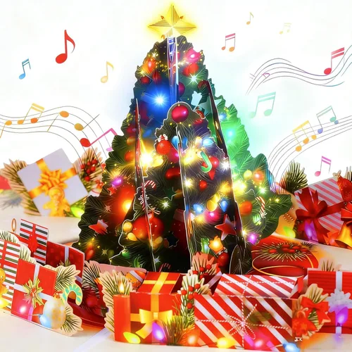 Miniatura 9 de MZD8391 Tarjetas de Navidad con proyecciones de Papá Noel animadas, tarjeta de felicitación de regalo de Navidad desplegable 3D con luces musicales