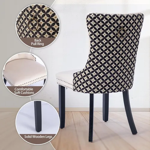 Miniatura 6 de Juego de 2 sillas de comedor de terciopelo, silla de comedor tapizada de alta gama con tirador de anillo en la espalda, adorno de clavos y patas