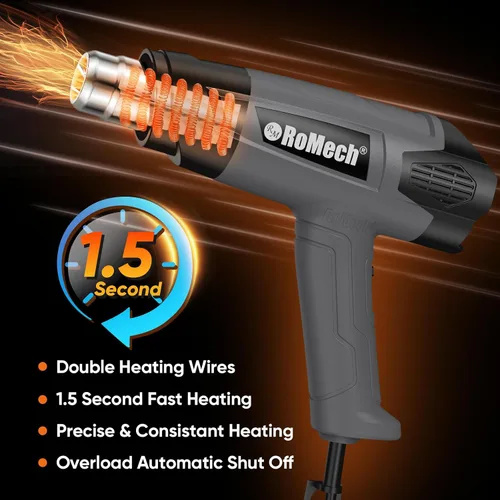 Miniatura 3 de ROMECH Pistola de calor resistente de 1500 W, kit de pistola de aire caliente con control de temperatura variable con 2 caudales de aire de 120 °F a