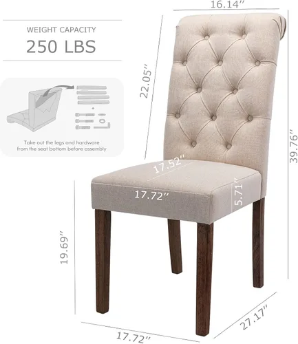 Miniatura 3 de COLAMY Juego de 2 Sillas de Comedor Copetudas, Sillas de Cocina Accent Parsons Tapizadas en Tela Elegante con Patas de Madera Maciza y Asiento Beige