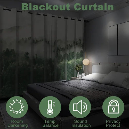 Miniatura 63 de AWERT Cortinas opacas para dormitorio, árbol negro con niebla, naturaleza, amanecer, bosque, 2 paneles para sala de estar, bloqueo de calor, 21 x 45