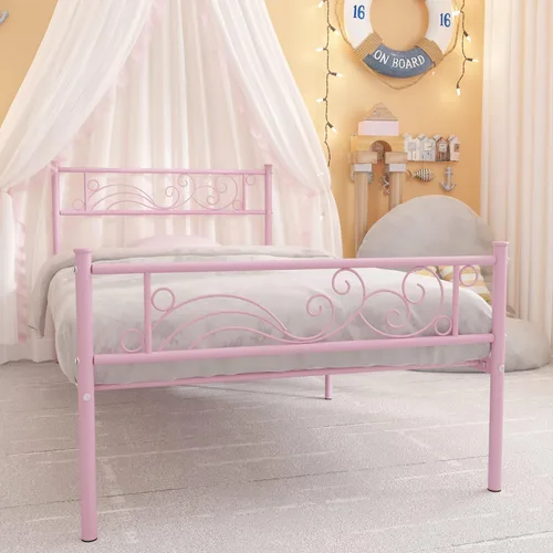 Miniatura 8 de Weehom Marco de cama de metal individual con almacenamiento, no necesita somier, listones de acero resistentes para niños, niñas, adolescentes, Rosa