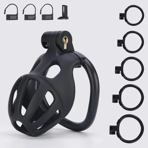 Jaula de castidad masculina, dispositivo de castidad grande con anillos de 5 tamaños y bloqueo invisible para el pene, equipo de bondage y