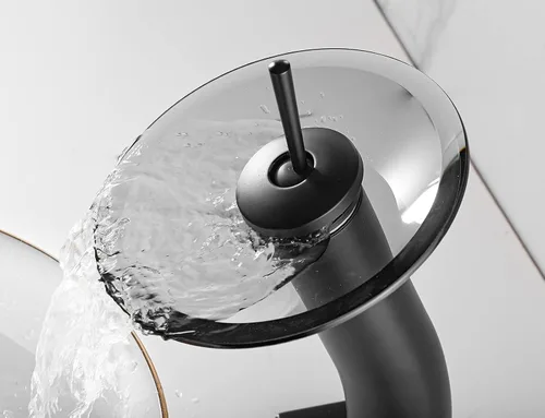 Miniatura 4 de Grifo de baño negro cascada con boquilla de vidrio giratoria de 360 ° con un solo mango, un agujero, latón macizo, grifo de cuenco de baño, lavabo