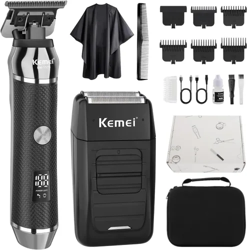 KEMEI Recortadora de barba profesional para hombres, afeitadora eléctrica de aluminio y juego de aseo facial para hombres, recortadora de precisión