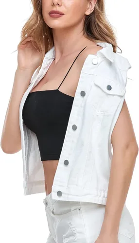 Miniatura 54 de Xeoxarel Chaleco de mezclilla para mujer, chaqueta vaquera sin mangas (XS-XXL)