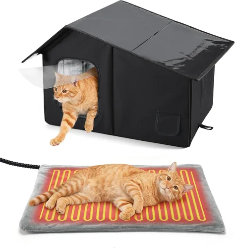 Casas térmicas resistentes a la intemperie para gatos al aire libre – Refugio aislado para gatos para el invierno con almohadilla térmica
