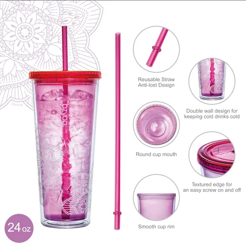 Miniatura 5 de bzyoo SIP 24 onzas líquidas (710ml) Vaso de plástico de doble pared con tapa y pajita para bebidas frías, taza de viaje reutilizable, taza de fiesta