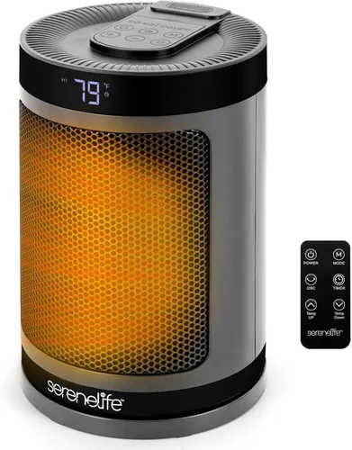 SereneLife Calentador de espacio portátil – Calentador eléctrico de cerámica PTC de 1500 W con termostato, control remoto, temporizador de 12 horas,