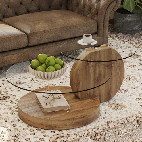 Miniatura 8 de Mesa de café de 35" de vidrio ｜ Mesa de café redonda ｜ Diseño de 3 niveles con superficie de vidrio templado ｜ Base de madera en color negro