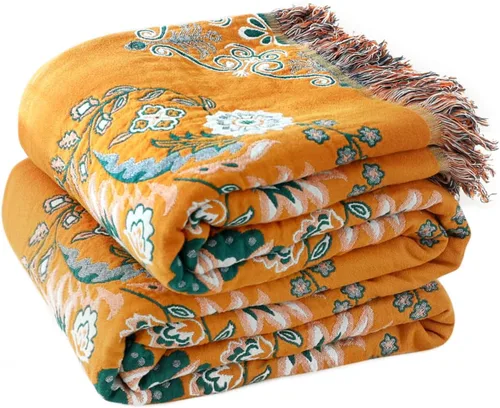 Miniatura 34 de Cobija para cama de estilo bohemio, 100 % algodón, ultra suave, edredón rústico, cobija de otoño, estampado floral, cobija grande rústica para sofá