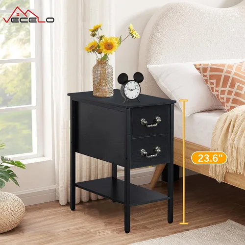 Miniatura 3 de VECELO Mesas auxiliares, mesita de noche estrecha con cajones y estante de almacenamiento, mesita de noche moderna para espacios pequeños, sala