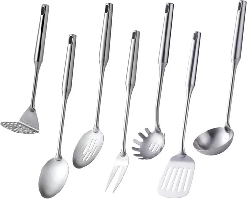 Miniatura 10 de Juego de utensilios de cocina de mango redondo, 7 piezas, acero inoxidable 304 chapado en titanio dorado con tenedor/cuchara pública, trituradores