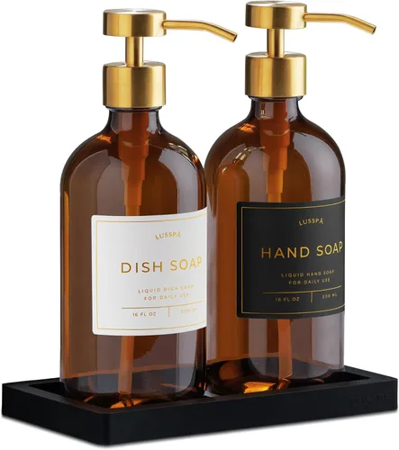 Juego de 2 dispensadores de jabón de vidrio (ámbar) con bandeja de silicona, dispensador de jabón de manos y platos para cocina y baño, botellas de