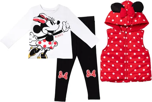 Disney Minnie Mouse - Conjunto de camiseta y leggings acolchados con cremallera y chaleco de 3 piezas para bebés y niños grandes