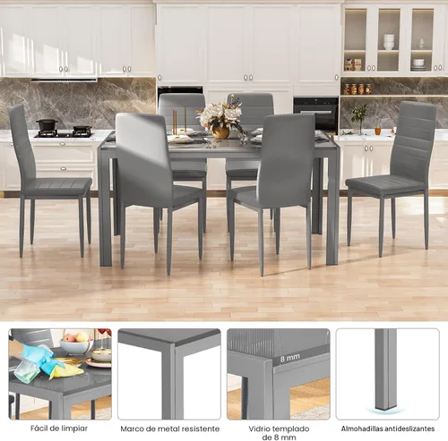 Miniatura 4 de Recaceik Juego de mesa de comedor de 7 piezas para 6, mesa de cocina de vidrio templado y sillas de cuero PU, juego de mesa de comedor moderno