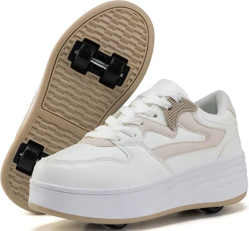 Zapatillas de patinaje con ruedas desmontables para niños y niñas, calzado deportivo blanco/caqui