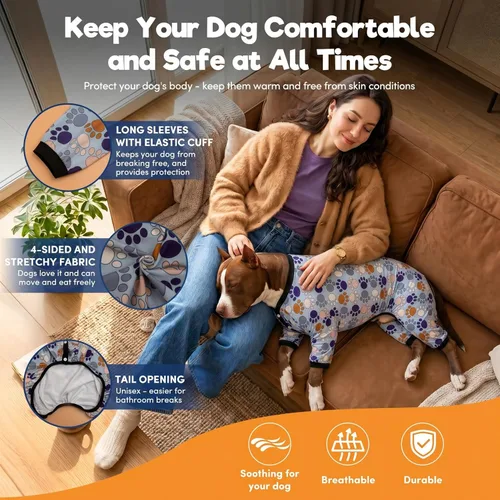 Miniatura 5 de LovinPet Mameluco para perros de razas grandes, pijama para perro, tela elástica ligera, camisa de manga larga para perro, estampado Paw-Some gris