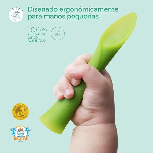 Miniatura 2 de Olababy Cuchara de Entrenamiento de Punta Suave 100% Silicona para Destete Dirigido por el Bebé, Paquete de 2 (Coral/Lila)