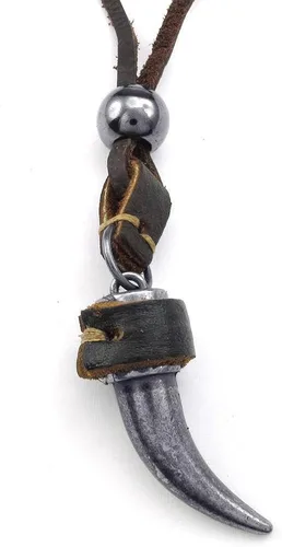 Miniatura 2 de jonline24h Mens Adjustable Tribal Wolf Tooth Pendant Leather Necklace Chain Brown Black Silver