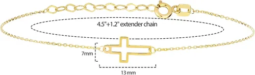 Miniatura 3 de Pulsera de cruz de oro macizo de 14 quilates para mujeres, adolescentes, bebés, pulsera de cruz ajustable de oro real Pulsera chapada en oro