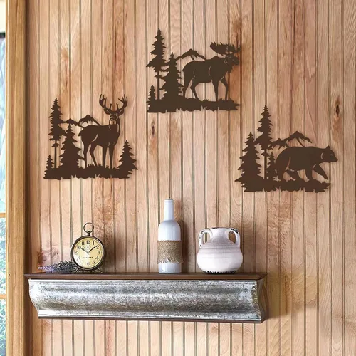 Miniatura 2 de Waiu Decoración de pared de metal, ciervo, oso y alce en el bosque de pinos, juego de 3 9.3 pulgadas, decoración rústica concisa para colgar