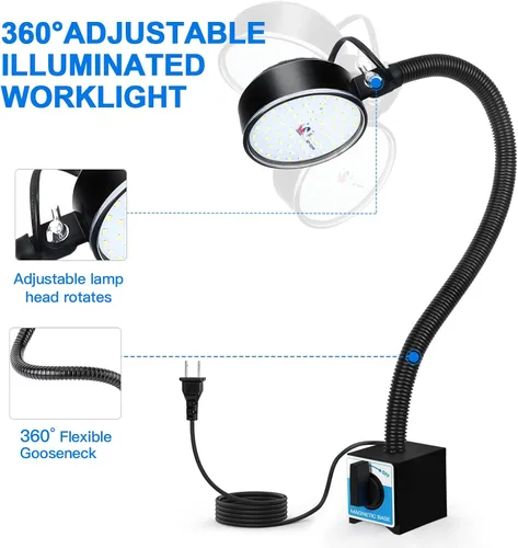 Miniatura 3 de Luz de trabajo LED magnética de 20W, 2000LM, cuello de cisne flexible de 19.685 in, para máquina de coser, torno, banco de trabajo, iluminación
