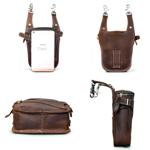 Miniatura 4 de Le'aokuu - Bolso de pierna para moto, de cuero genuino, para hombre, bolso tipo mensajero a la cintura), B9326