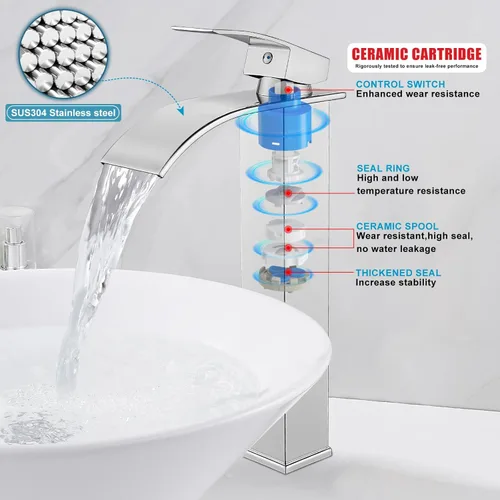 Miniatura 8 de Midanya Grifos altos para lavabo, cascada, lavabo, lavabo, con una sola manija, 1 agujero, moderno, con mangueras de drenaje emergentes