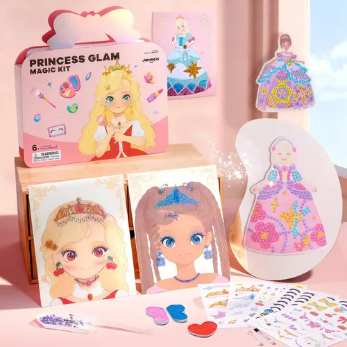Jar Melo Kit de Manualidades de Arte de Princesa 4 en 1, Manualidades con Papel Metálico Arte Divertido y Pintura de Gemas, Actividad DIY de