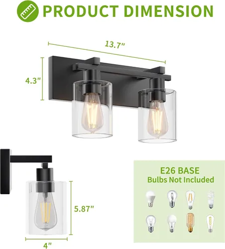 Miniatura 2 de Bathroom Light Fixtures Over Mirror, 2-Light Modern Matte Black Bathroom Vanity Light, Wall Lights with Clear Glass Shade, Living Room, Bedroom