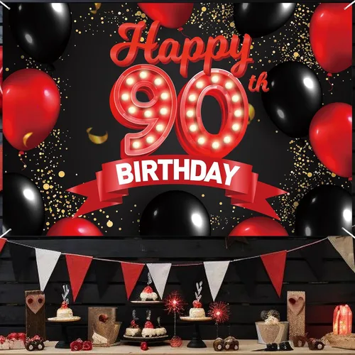 Miniatura 6 de Cartel de feliz cumpleaños 90, fondo rojo y negro, decoración de telón de fondo con globos, tema para niñas, mujeres, princesas, decoración