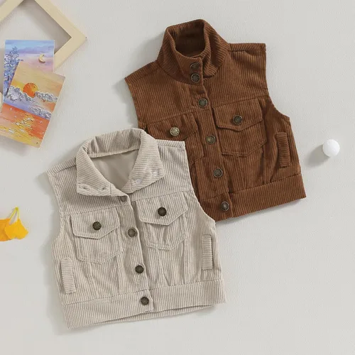 Miniatura 7 de Omkzanbi Chaleco de pana para niños y niñas, con cuello alto, bolsillo con botones, sin mangas, para otoño e invierno