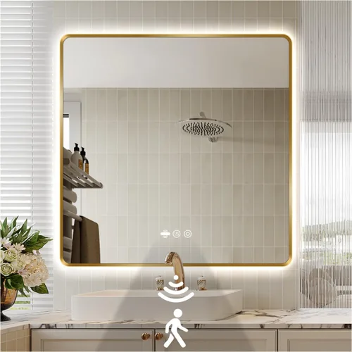 Miniatura 18 de Espejo LED Negro para Baño, 32"x24" Espejo de Baño Inteligente con Luces, Sensor de Movimiento, Antivaho, Regulable Sin Escalones y 3