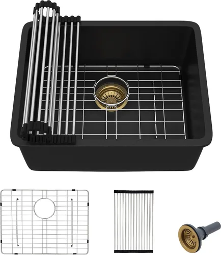 Miniatura 29 de Fregadero de preparación de barra de montaje inferior de 12 x 16 pulgadas, color negro mate, compuesto de cuarzo, clásico bajo encimera, lavabo
