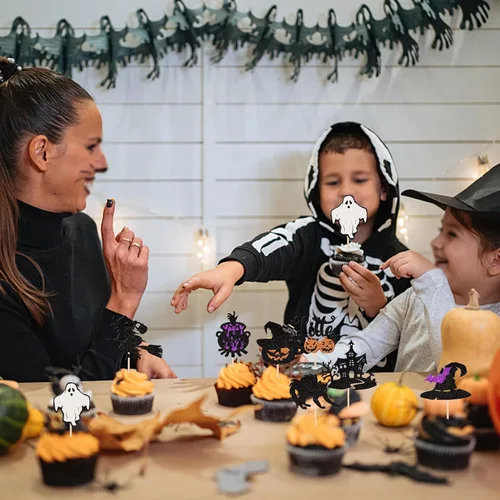 Miniatura 6 de Rsstarxi Paquete de 24 adornos para cupcakes Little Boo con purpurina, bruja, gato, calabaza, castillo, fantasma, magdalenas, alimentos, decoración
