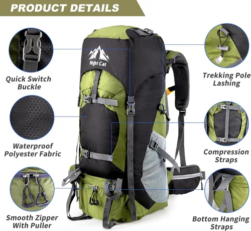Miniatura 6 de Night Cat Mochilas de senderismo 70L para acampada y senderismo para hombres y mujeres, ligeras para actividades al aire libre y montañismo, sin